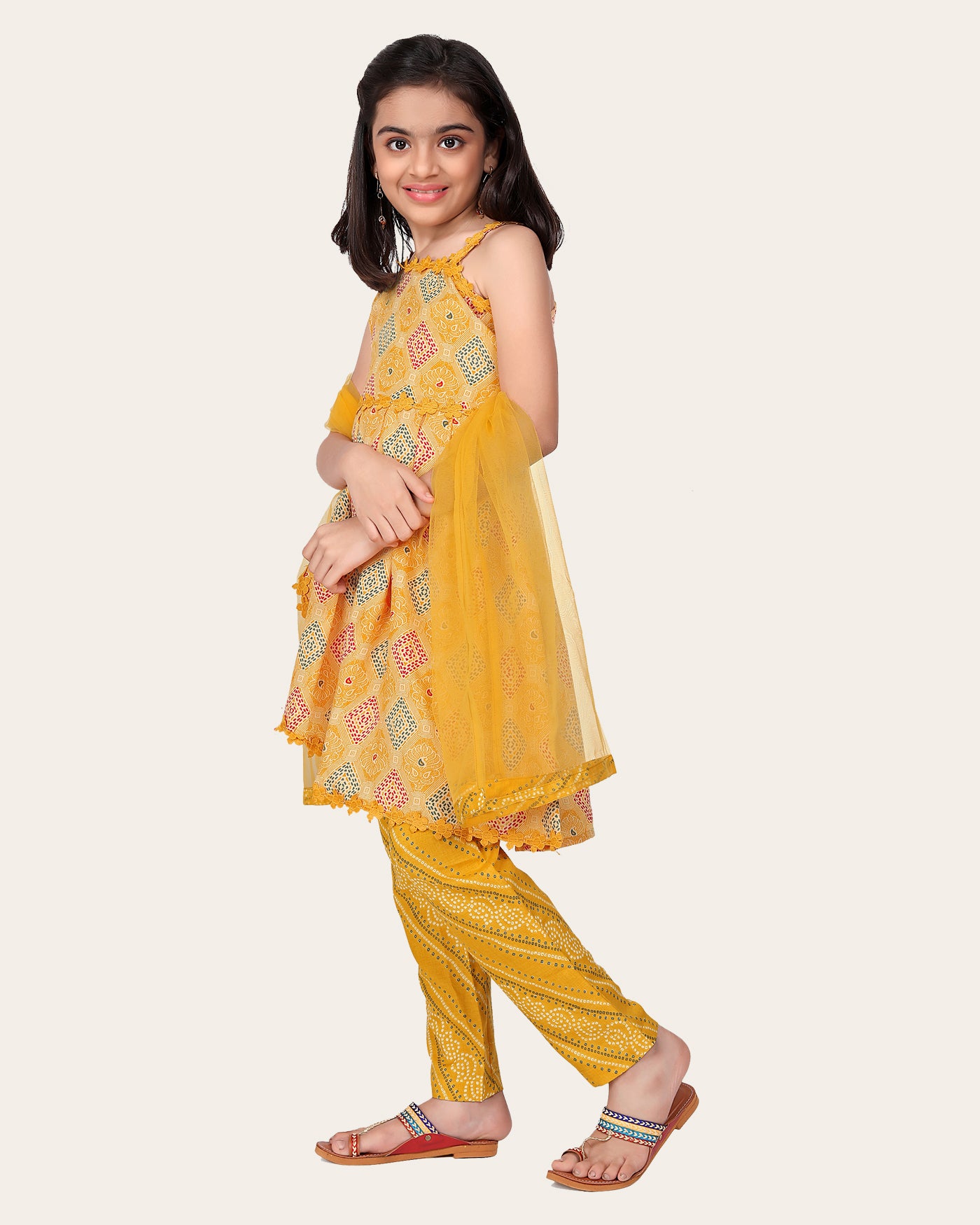 Designer Cotton Print Work Kid Top Bottom With Dupatta Yellow