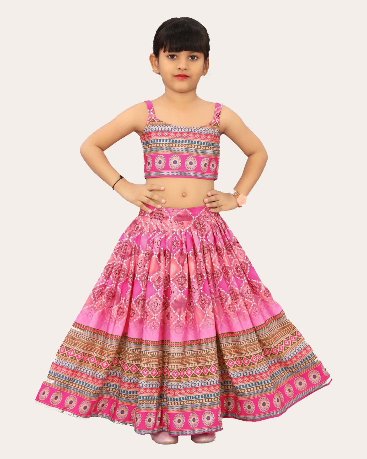 Kids Girl's Multi Color Rayon Silk Bandhani Printed Lehenga Choli | Girls Ethnic Wear: Printed Lehenga Choli Set