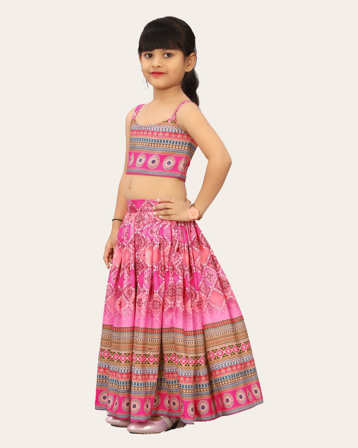 Kids Girl's Multi Color Rayon Silk Bandhani Printed Lehenga Choli | Girls Ethnic Wear: Printed Lehenga Choli Set