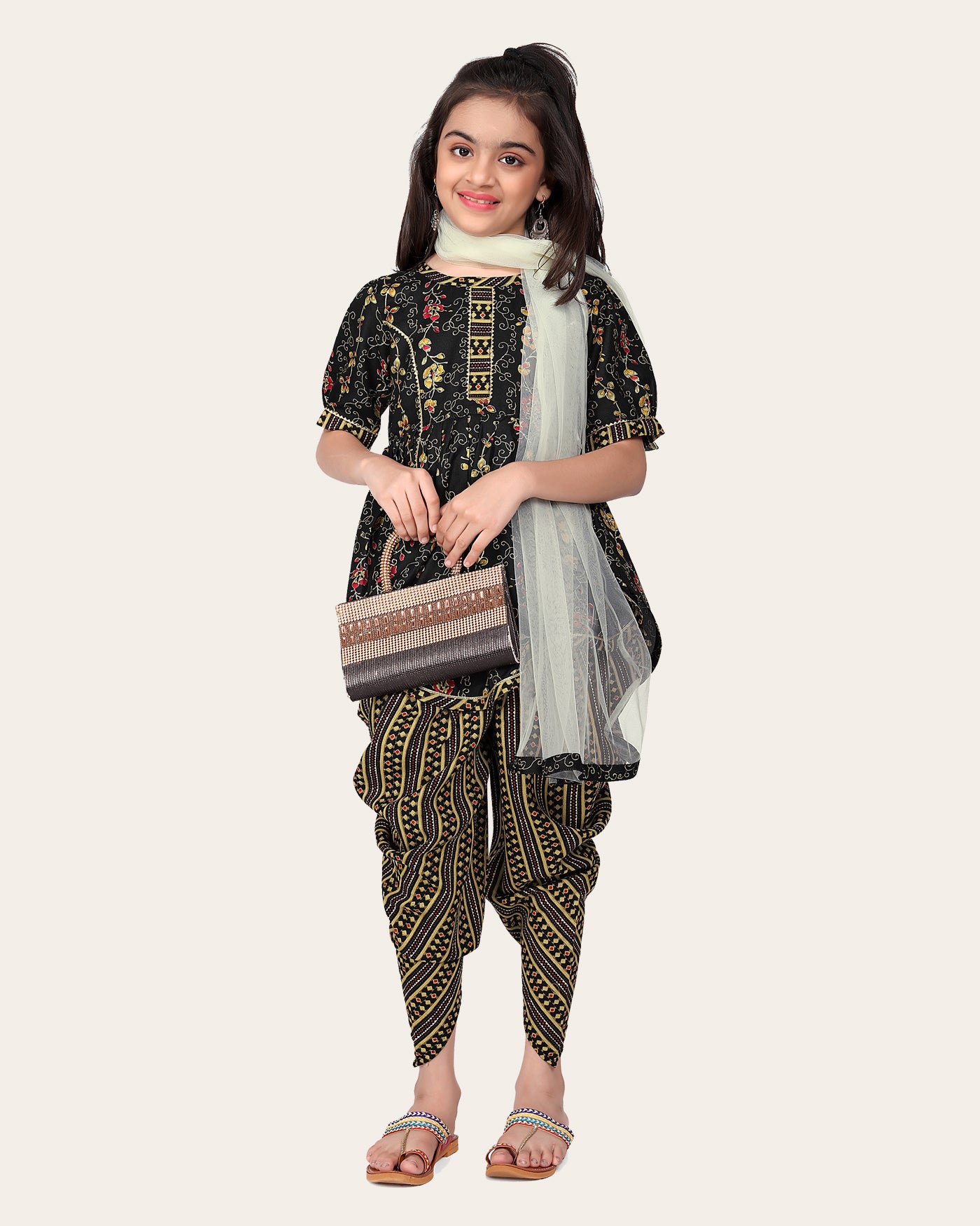 Girl's Designer Cotton Print Work Kid Top Bottom With Dupatta Black