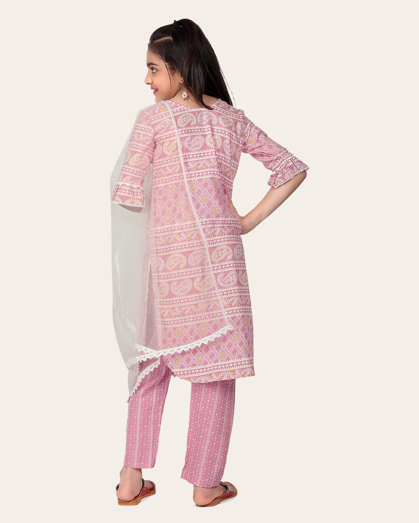 Kid Girl's Designer Cotton Printed Top Bottom With Dupatta Pink