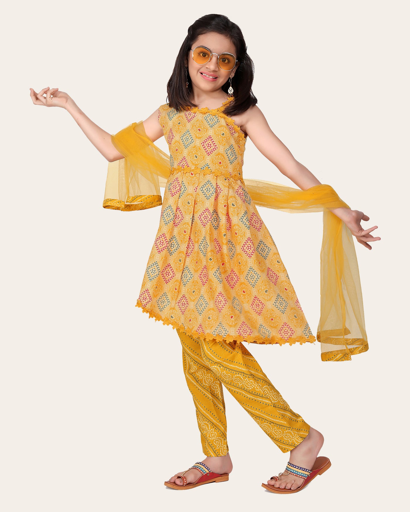 Designer Cotton Print Work Kid Top Bottom With Dupatta Yellow