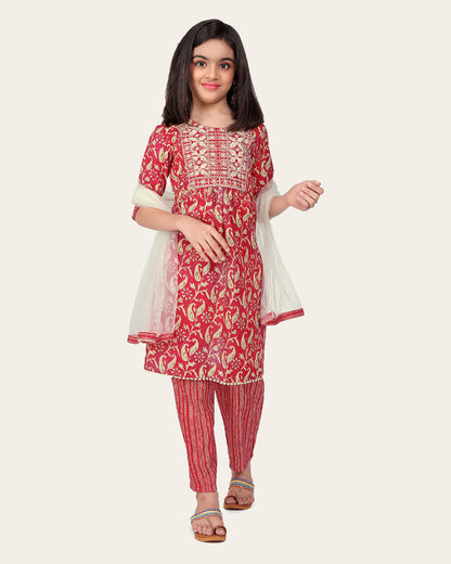 Printed Emroidered Kurta Bottom Dupatta Set for Girls