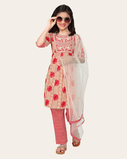 Kids Girls Embrodeary Cotton Printed Fullstiched Nayara Cut Kurtis with Bottom Dupatta set, Kid dresses