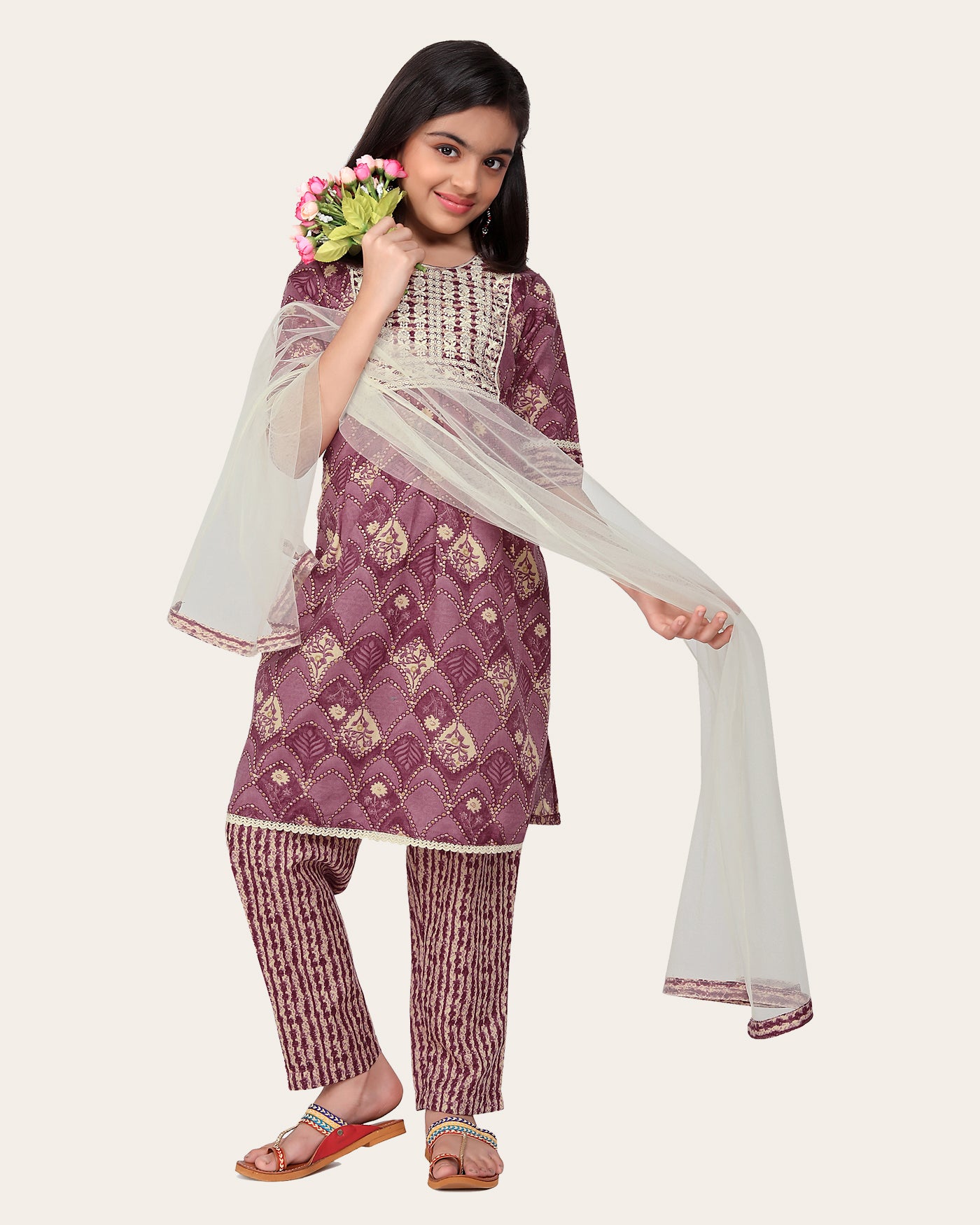 Kid Girls Embroidered Cotton Printed Full stitched Nayara Cut Kurtis with Bottom Dupatta set