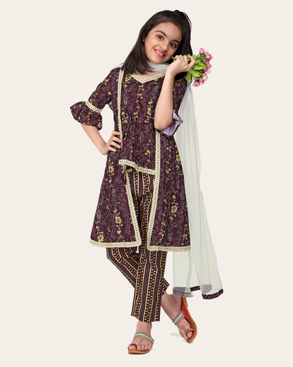 Girls Floral Print Kurta Set with Dupatta