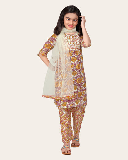 Kids Girls Embrodeary Cotton Printed Fullstiched Nayara Cut Kurtis with Bottom Dupatta set, Kid dresses