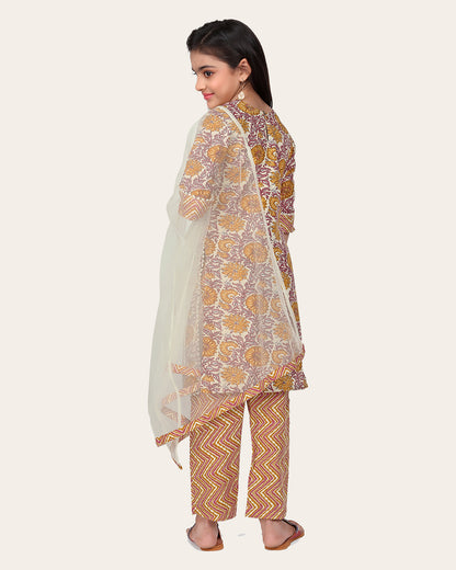 Kids Girls Embrodeary Cotton Printed Fullstiched Nayara Cut Kurtis with Bottom Dupatta set, Kid dresses