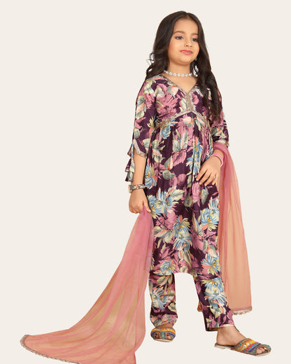 Maslin Printed Aliya cut Kurtas with Bottom dupatta set