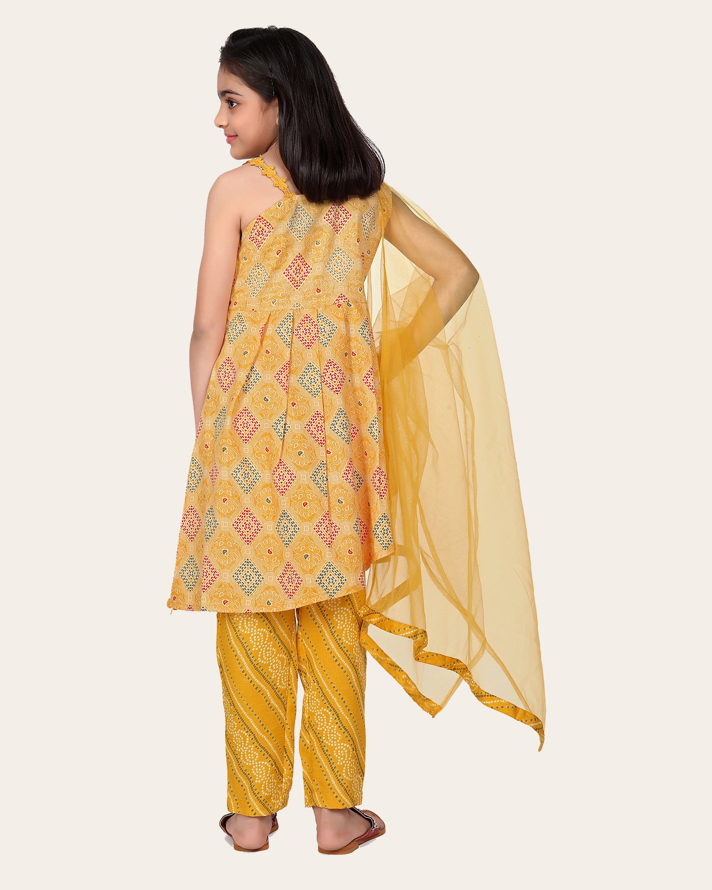 Designer Cotton Print Work Kid Top Bottom With Dupatta Yellow