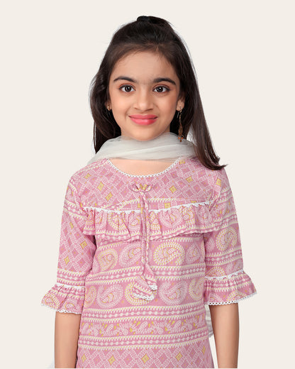 Kid Girl's Designer Cotton Printed Top Bottom With Dupatta Pink