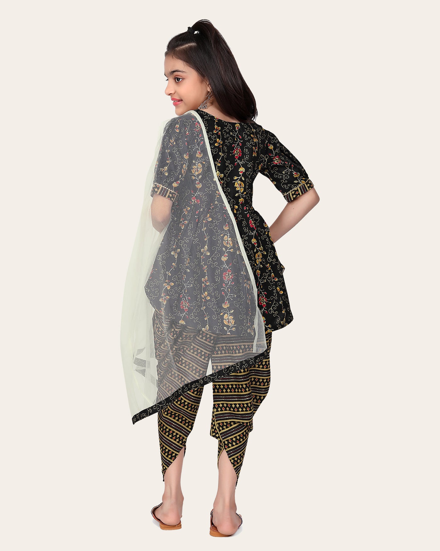 Girl's Designer Cotton Print Work Kid Top Bottom With Dupatta Black