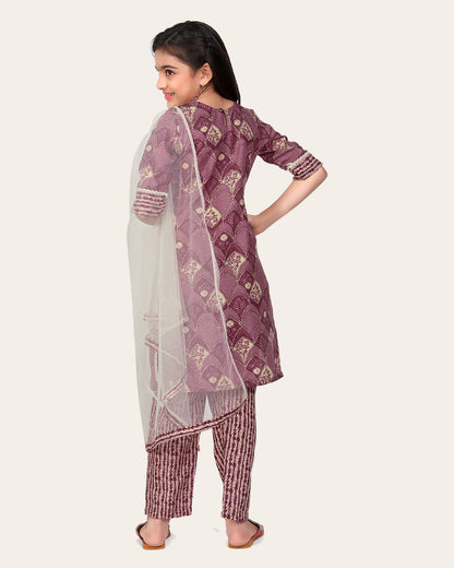 Kid Girls Embroidered Cotton Printed Full stitched Nayara Cut Kurtis with Bottom Dupatta set