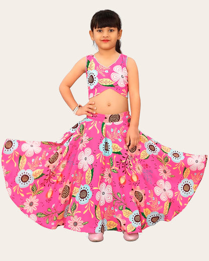 Kids Girl's Sleeveless Rayon Top With Digital Printed Lehenga Set| Readymade | Suitable For Girls