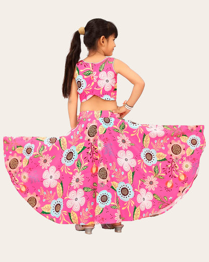 Kids Girl's Sleeveless Rayon Top With Digital Printed Lehenga Set| Readymade | Suitable For Girls