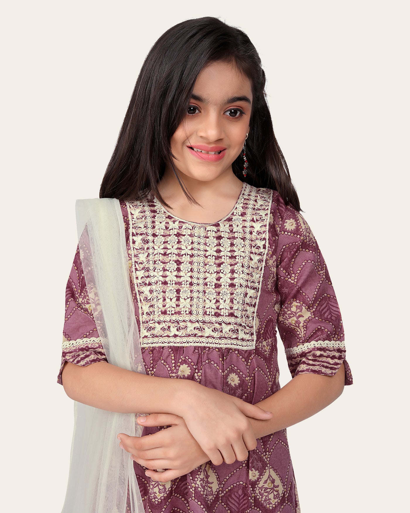 Kid Girls Embroidered Cotton Printed Full stitched Nayara Cut Kurtis with Bottom Dupatta set