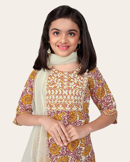 Kids Girls Embrodeary Cotton Printed Fullstiched Nayara Cut Kurtis with Bottom Dupatta set, Kid dresses