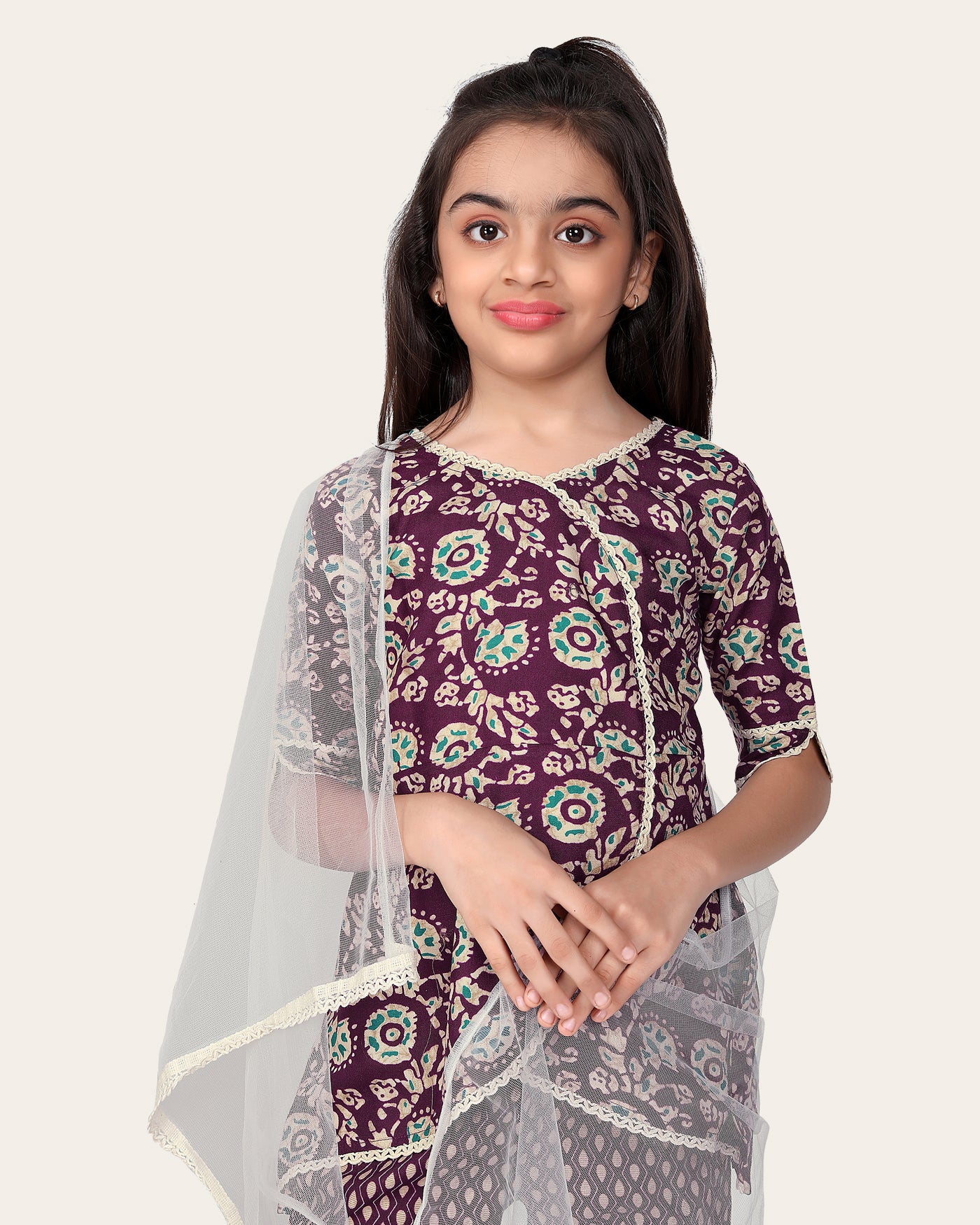 Designer Cotton Print Work Kid Top Bottom With Dupatta Purple