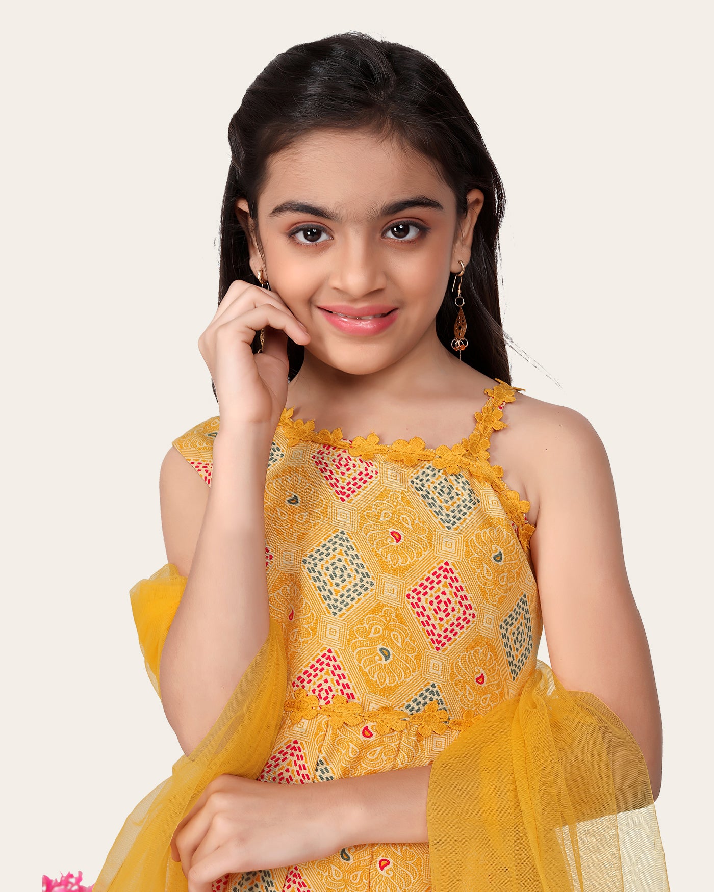 Designer Cotton Print Work Kid Top Bottom With Dupatta Yellow