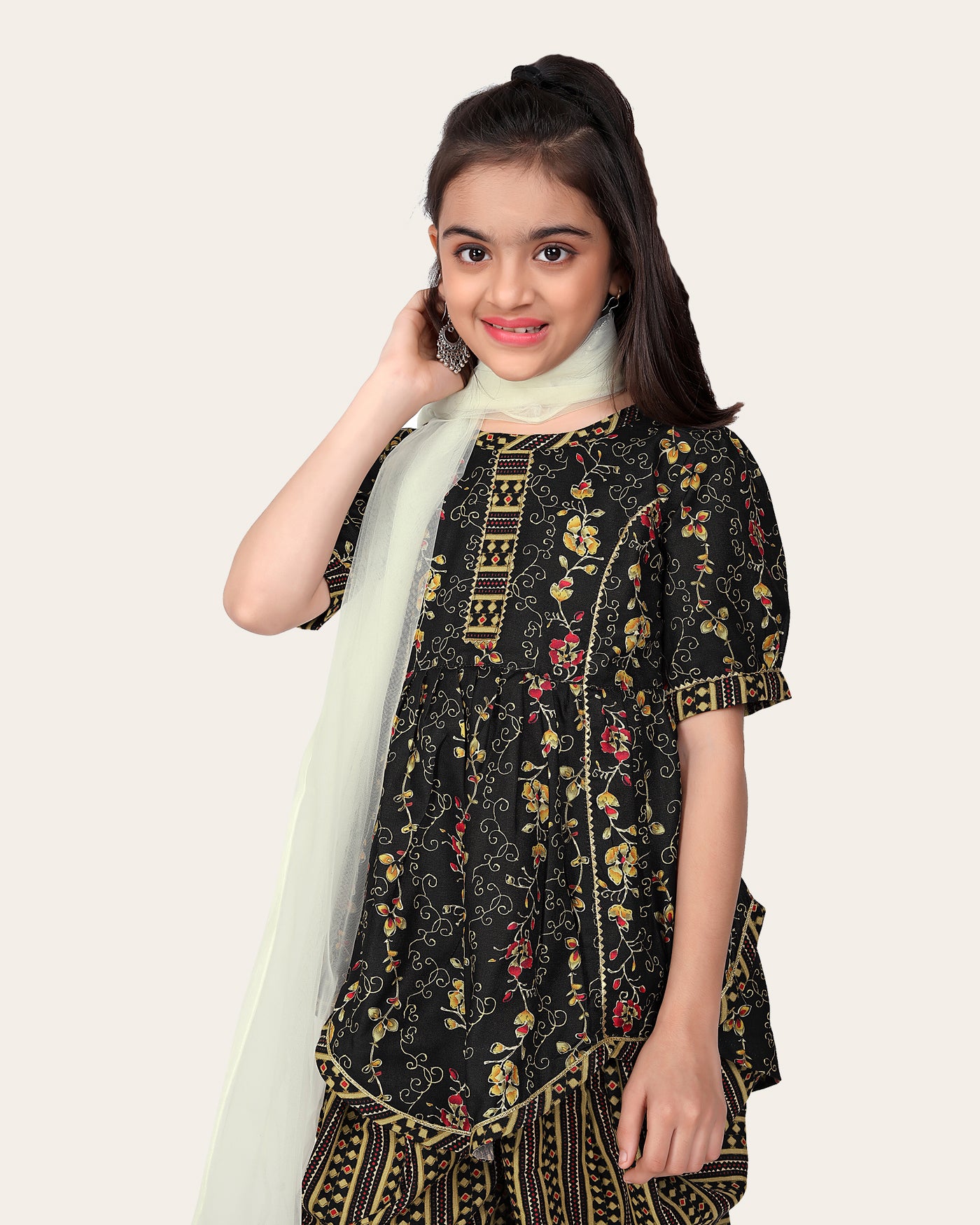 Girl's Designer Cotton Print Work Kid Top Bottom With Dupatta Black