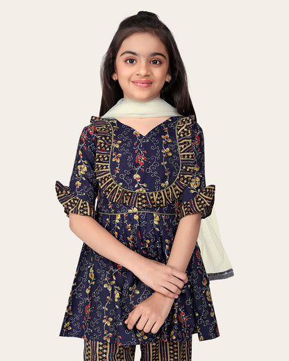 Girl's Designer Cotton Print Work Kid's Top Bottom With Dupatta Blue 4-14 Years Girls