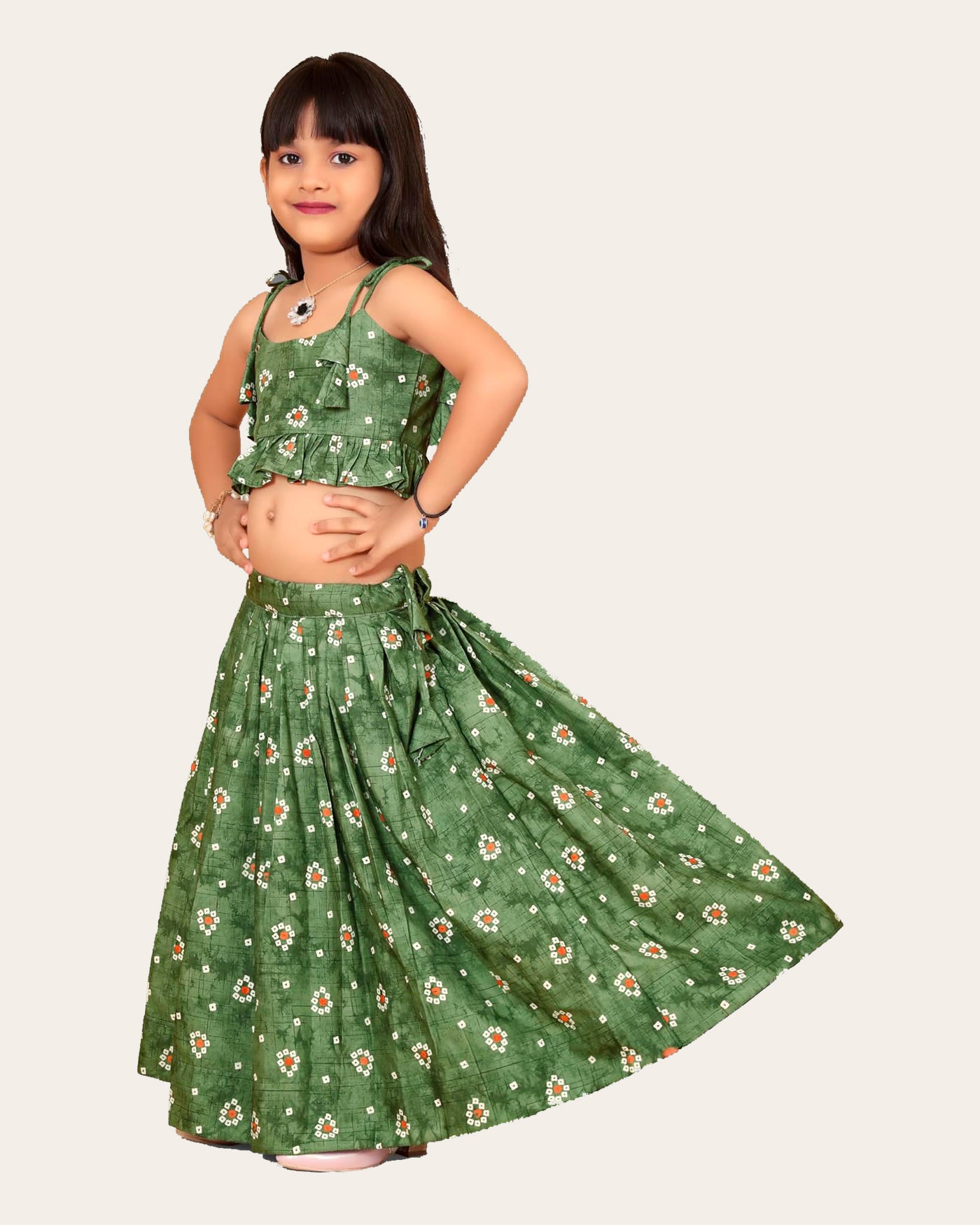 Kid Girl's Readymade Bandhani Print Designer Blouse With Lehenga Set