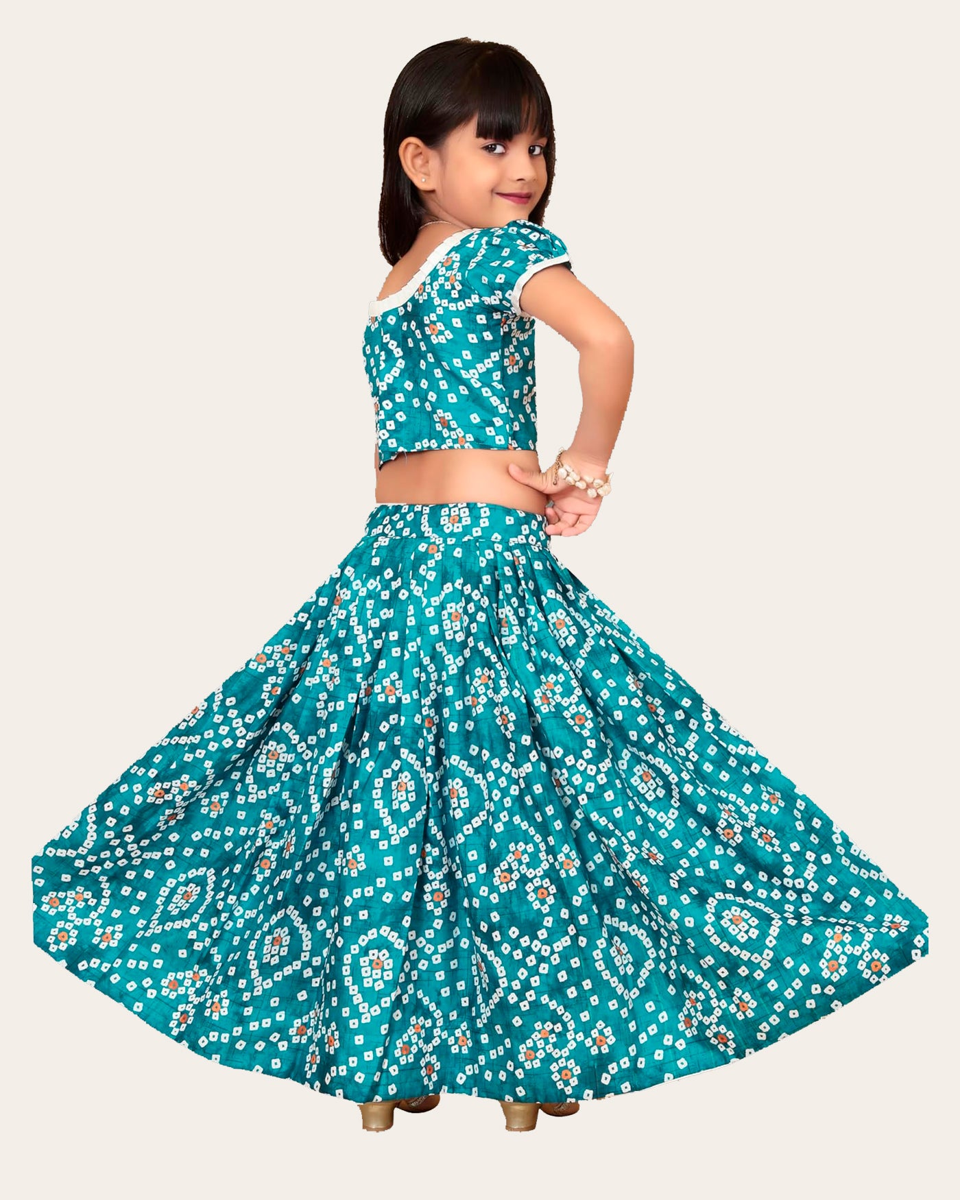 Kids Girl's Bandhani Printed Traditional Readymade Lehenga Choli Set | Crop Top With Lehenga Set