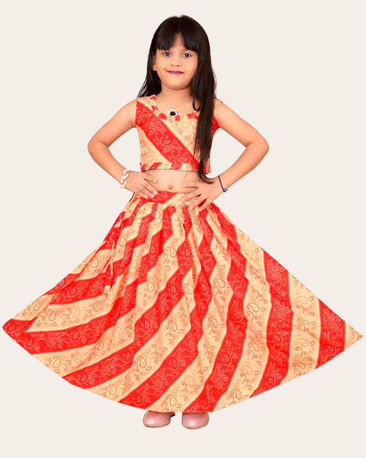 Kids Girl's Bandhani Printed Traditional Readymade Lehenga Choli Set | Crop Top With Lehenga Set