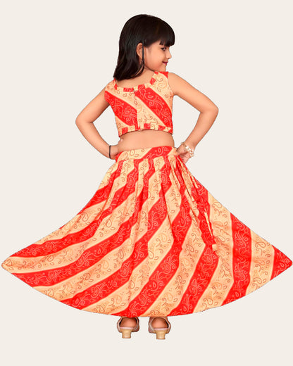 Kids Girl's Bandhani Printed Traditional Readymade Lehenga Choli Set | Crop Top With Lehenga Set