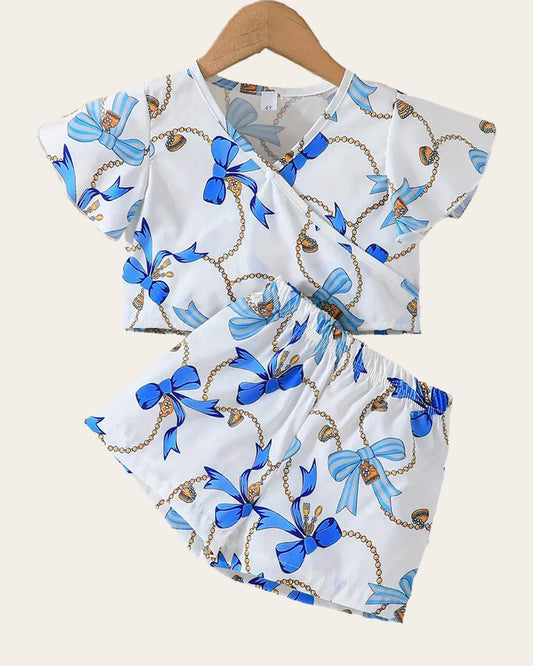 Girls White And Blue Floral Printed Top with Shorts