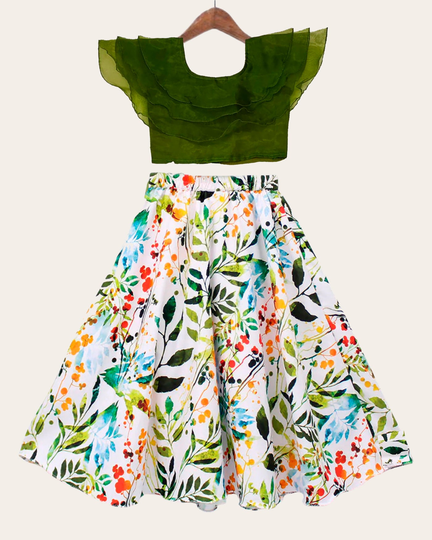 Kids Girls Green And White Gorgeous Crop Top With Full Length Skirt