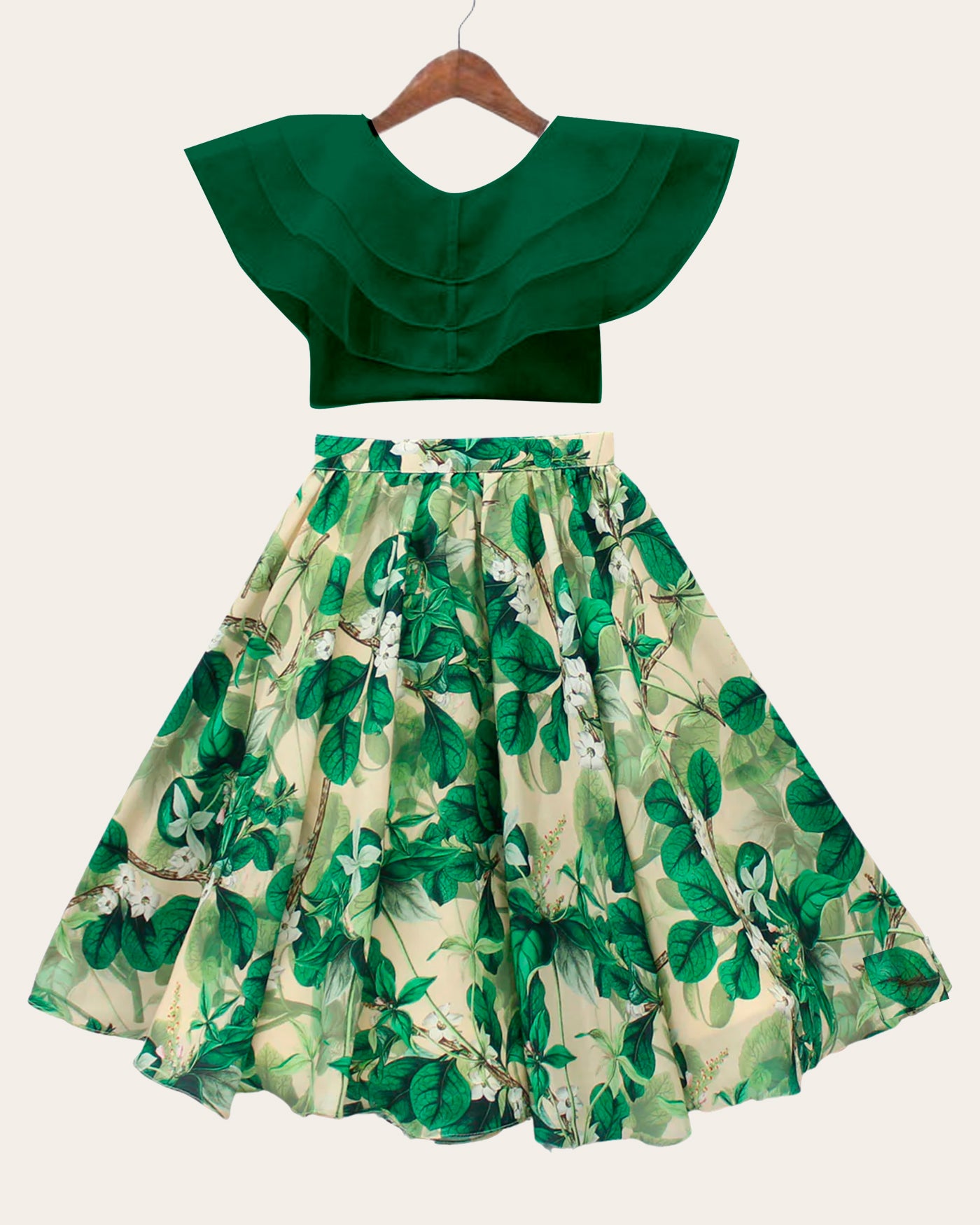 Kids Girls Green And White Gorgeous Crop Top With Full Length Skirt